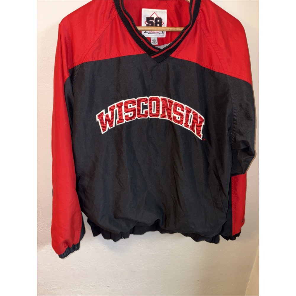 Wisconsin Badgers 58 Sports Pullover Black Red Lined Jacket Pockets SZ Lg